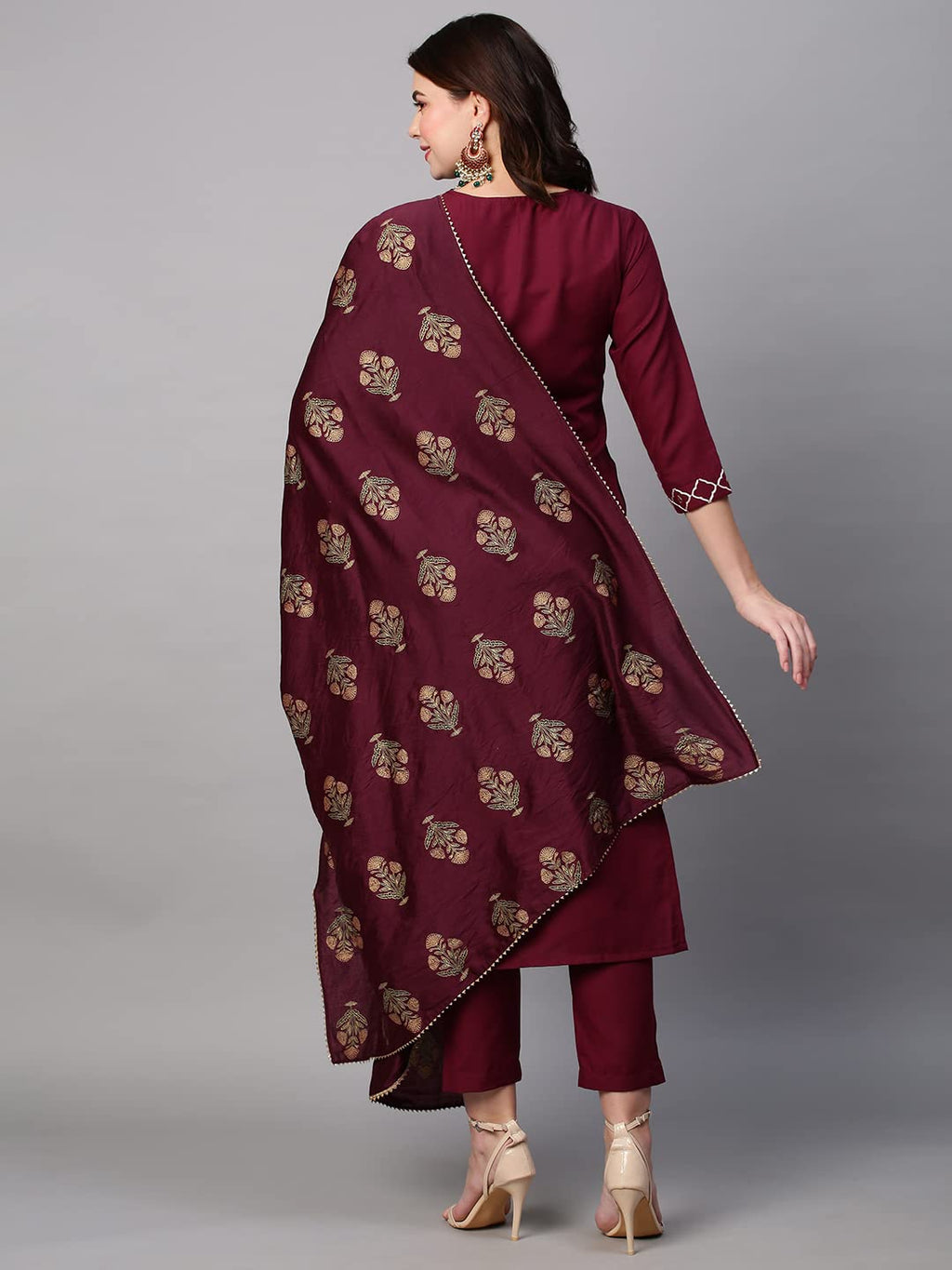 ANNI DESIGNER Womens Cotton Blend Embroidered Straight Kurta with Pant & Dupatta (MYSURU-Wine_XL_Wine_X-Large)
