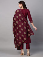 ANNI DESIGNER Womens Cotton Blend Embroidered Straight Kurta with Pant & Dupatta (MYSURU-Wine_XL_Wine_X-Large)