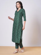 ANNI DESIGNER Women s Bandhani Print Straight Viscose Rayon Kurta with Pants, Green, L