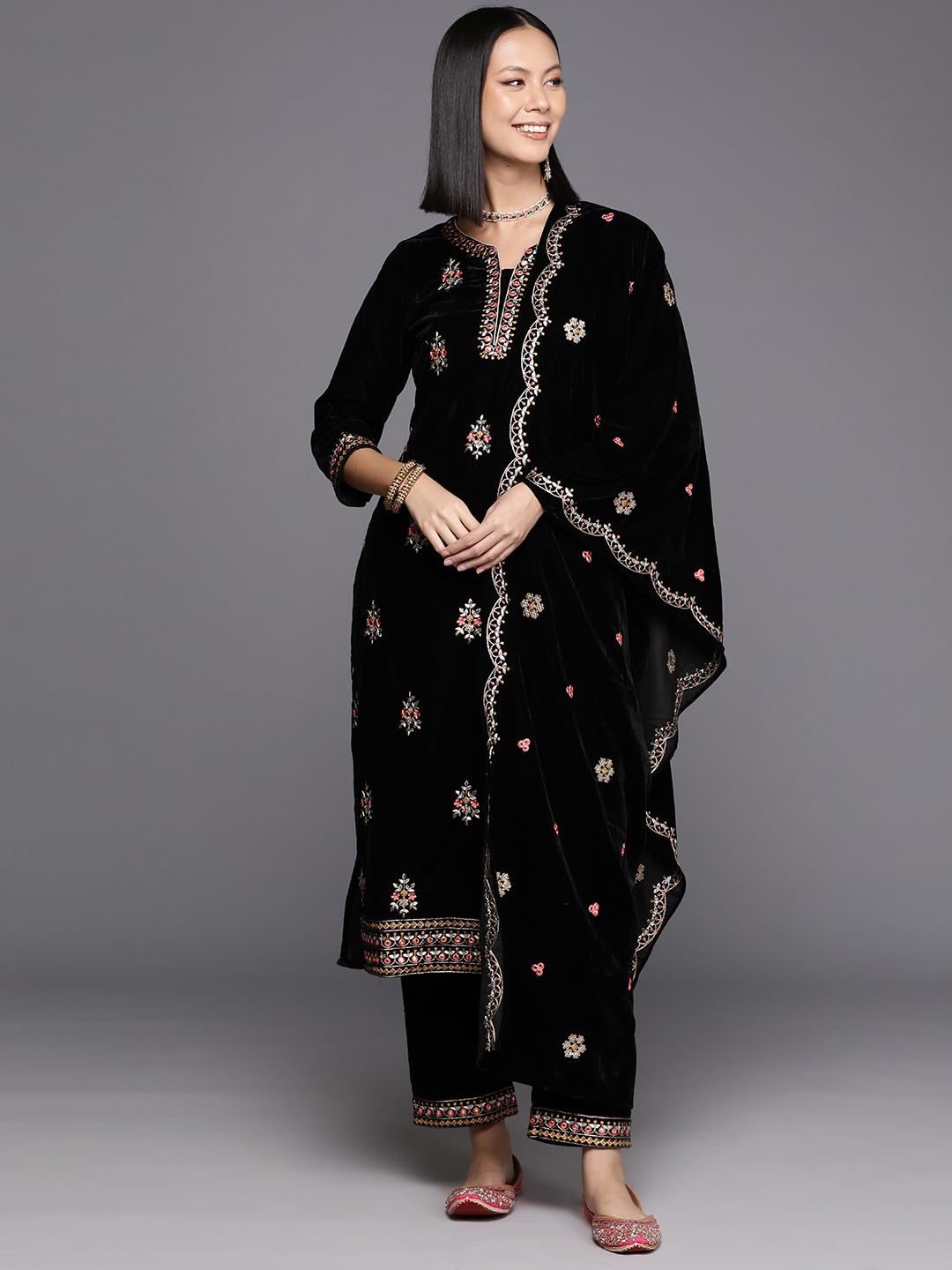 Floral Embroidered Sequinned Velvet Straight Kurta With Trousers & Dupatta
