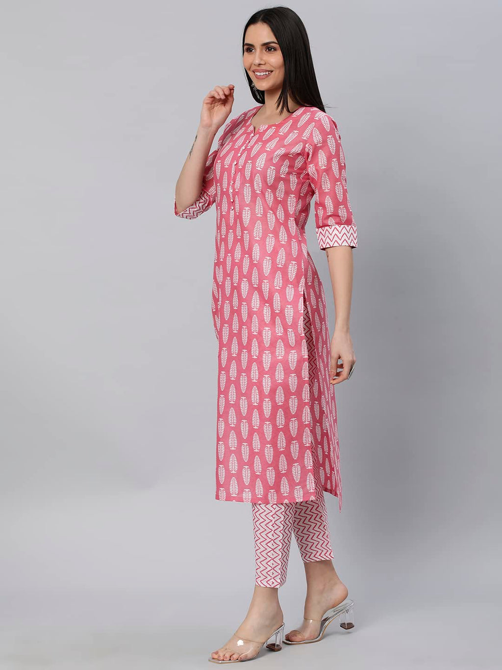 ANNI DESIGNER Womens Cotton Blend Traditional Straight Printed Kurta and Pant Set (Danapa Pink_S_Pink_Small)