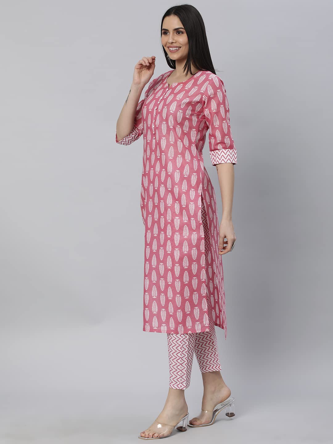 ANNI DESIGNER Womens Cotton Blend Traditional Straight Printed Kurta and Pant Set (Danapa Pink_S_Pink_Small)