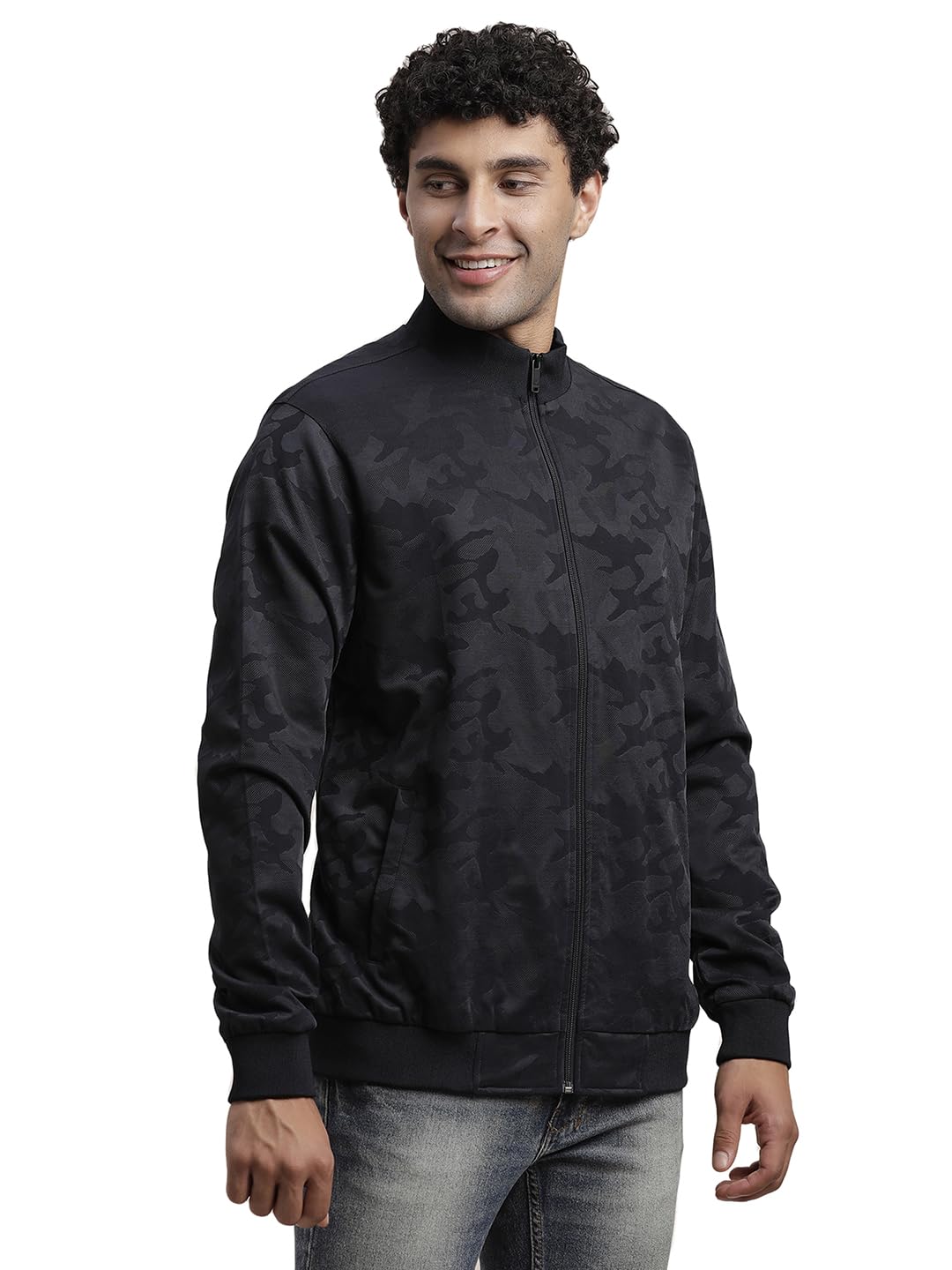 Turtle Men Knitted Printed Regular Fit Full Sleeve Black Windcheater Jacket