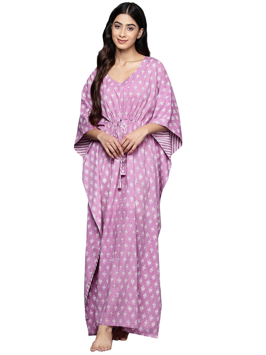 Libas Womens Lavender Printed Cotton Kaftan Standard Length Night Dress
