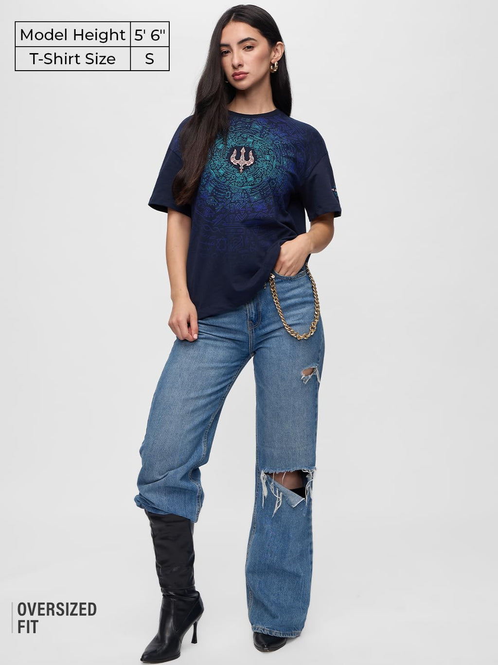 The Souled Store Trident Women and Girls Short Sleeves Round Neck Blue Embroidered Cotton Oversized T-Shirts