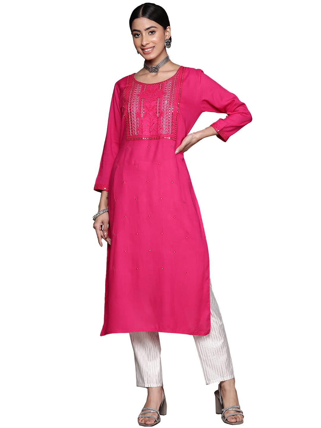 Ishin Women'S Magenta Embellished Straight Kurta