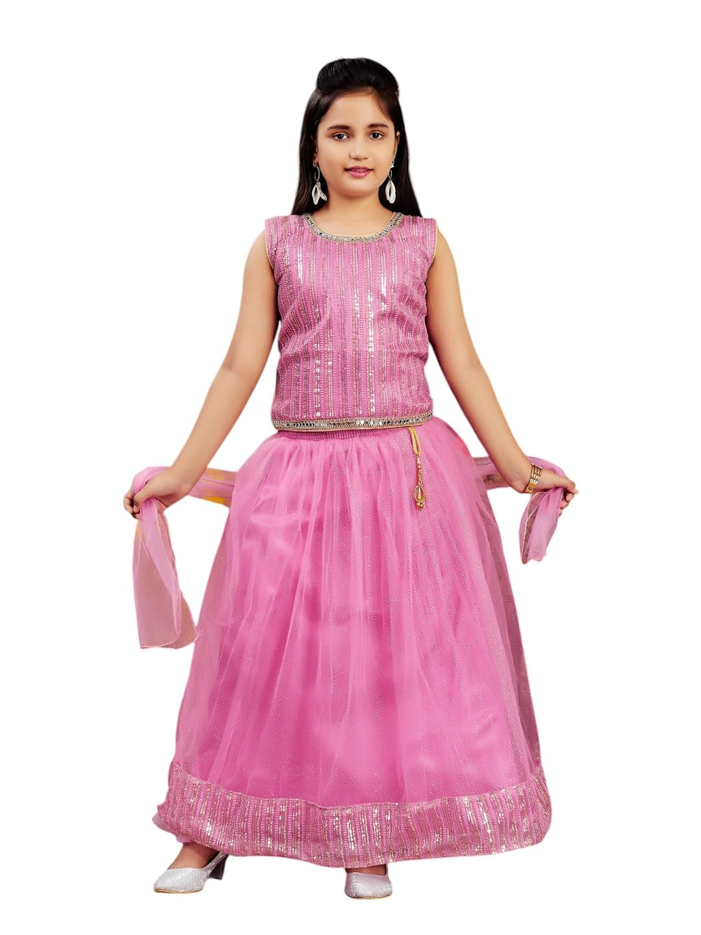 Aarika Girls Ethnic Wear Pink Colour Sequin Embroidery Net Lehenga Choli Set (10-15 Years)