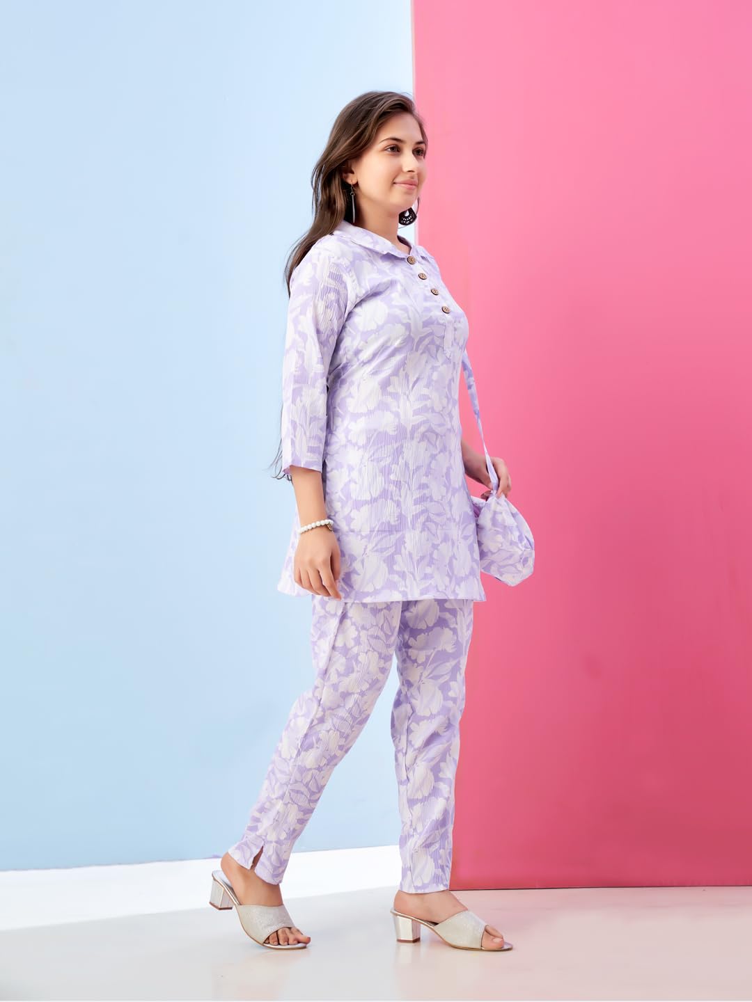 Aarika Girls Casual Wear Light Purple Colour Floral Print Polyester Co-ord Set-8-15 Years (KP-TR-K-951)