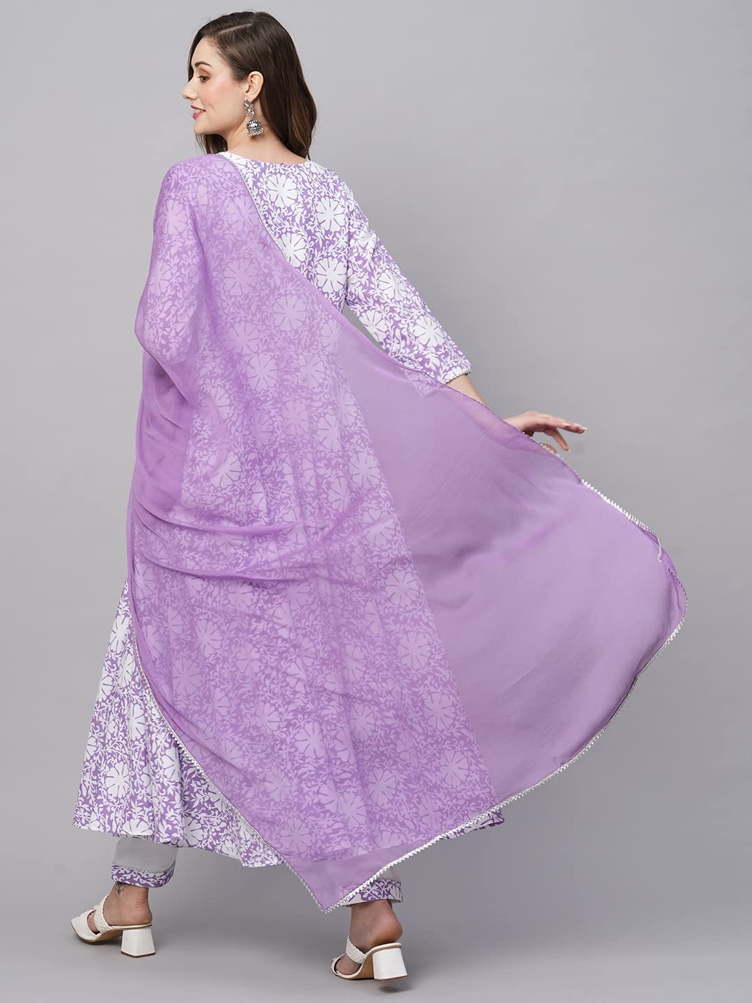 ANNI DESIGNER Womens Cotton Blend Anarkali Printed Kurta with Pant & Dupatta (AMIG-Purple_L_Purple_Large)