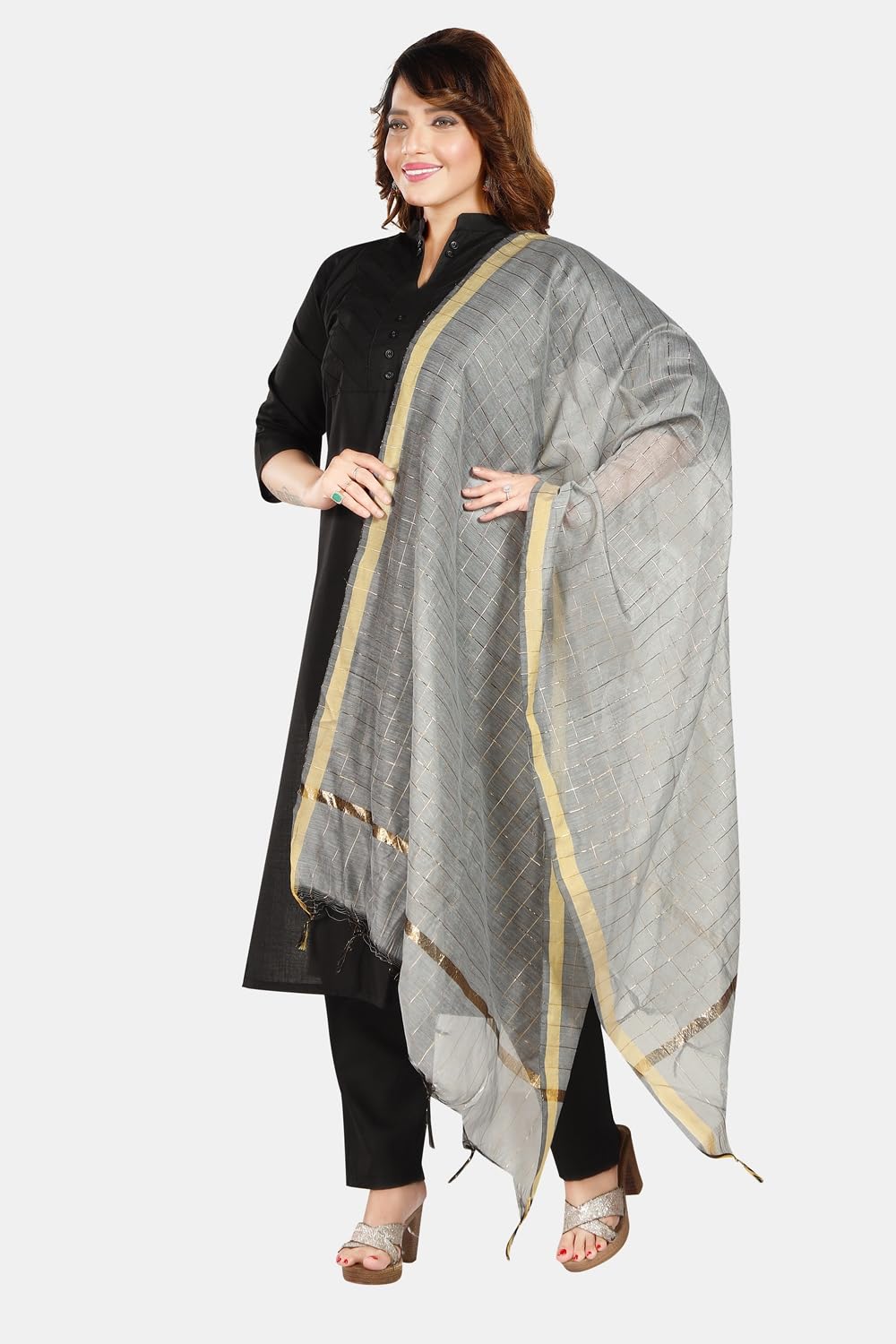 Fabme Women'S Checkered Dupatta With Embellish Golden Border Black, Silver - Pack Of 2