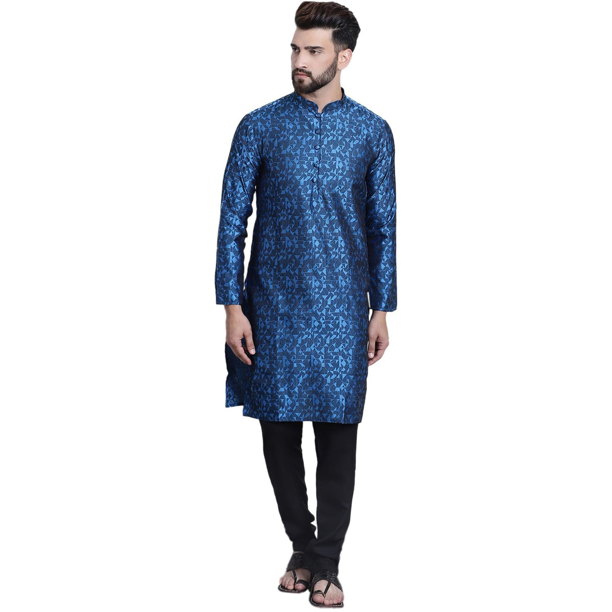 SOJANYA (Since 1958 Mens Geometrical print Blue Kurta & Black Churidar Pyjama Set