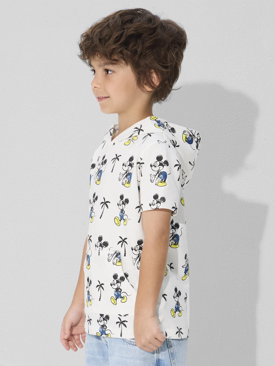 The Souled Store Official Mickey Mouse : Beach Vibes Boys Graphic Printed Hooded Cotton Tshirt White