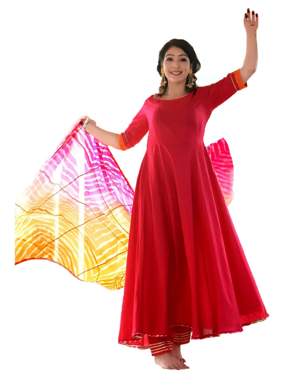 Gosriki Women'S Cotton Blend Anarkali Solid Kurta With Pant & Dupatta (Rangin Pink_L-Go_Pink_Large)