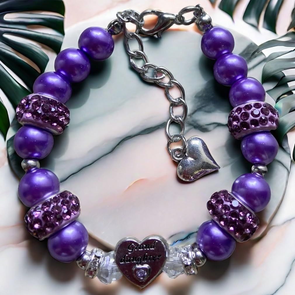 DOLON Purple Glass Pearl Color Rhinestone Granddaugther Charm Bracelet Jewelry Wedding Bridal Birthday Christmas