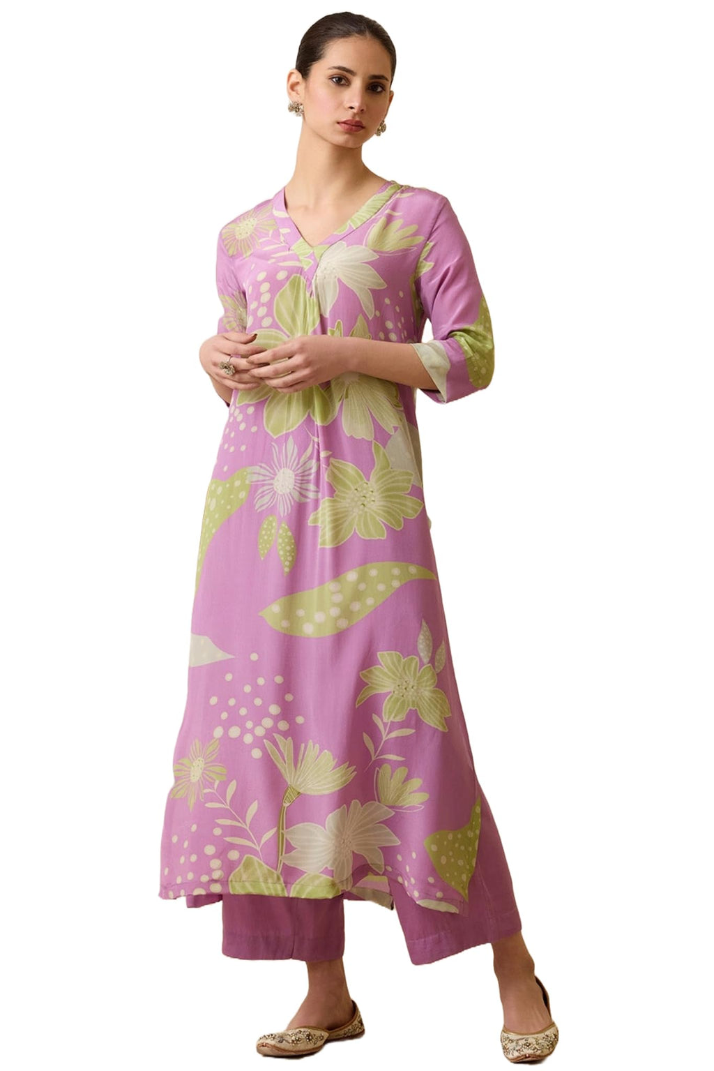 ANNI DESIGNER Womens Cotton Blend Straight Printed Kurta with Pant (Wanda Purple_S_Purple_Small)