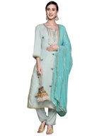 Ishin Women'S Viscose Rayon Embroidered A-Line Kurta Suit Set With Dupatta & Pants Inwsd0494_Sb_L_Green