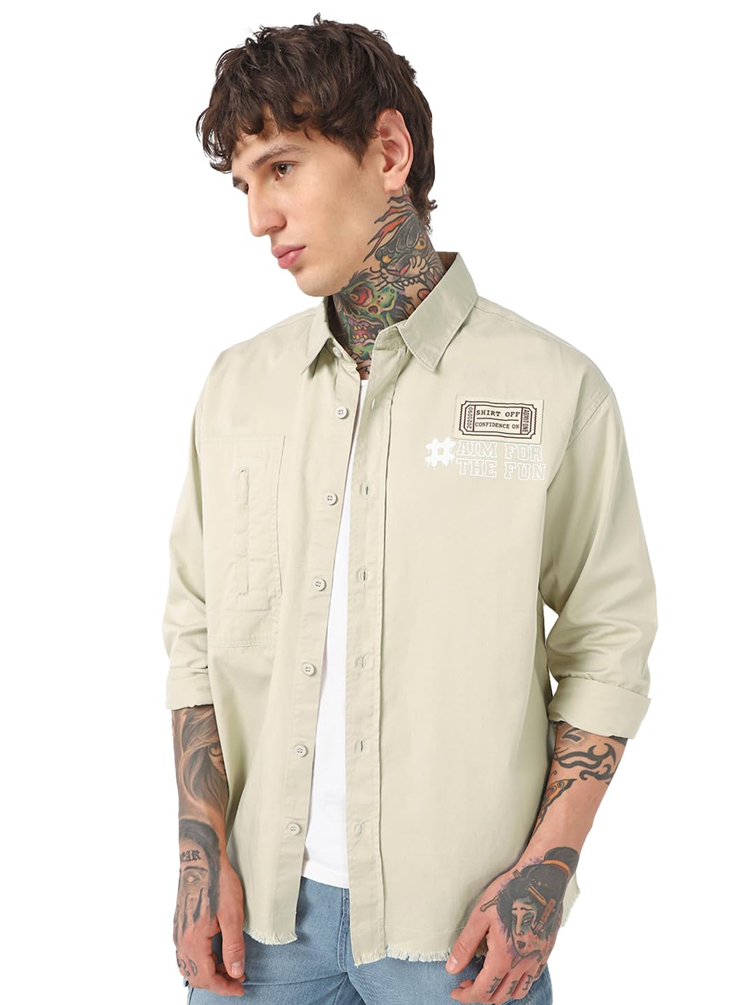 Bewakoof Mens Typography Oversized Fit Full Sleeve Collared Pure Cotton Shirt_662525_Cream_XL