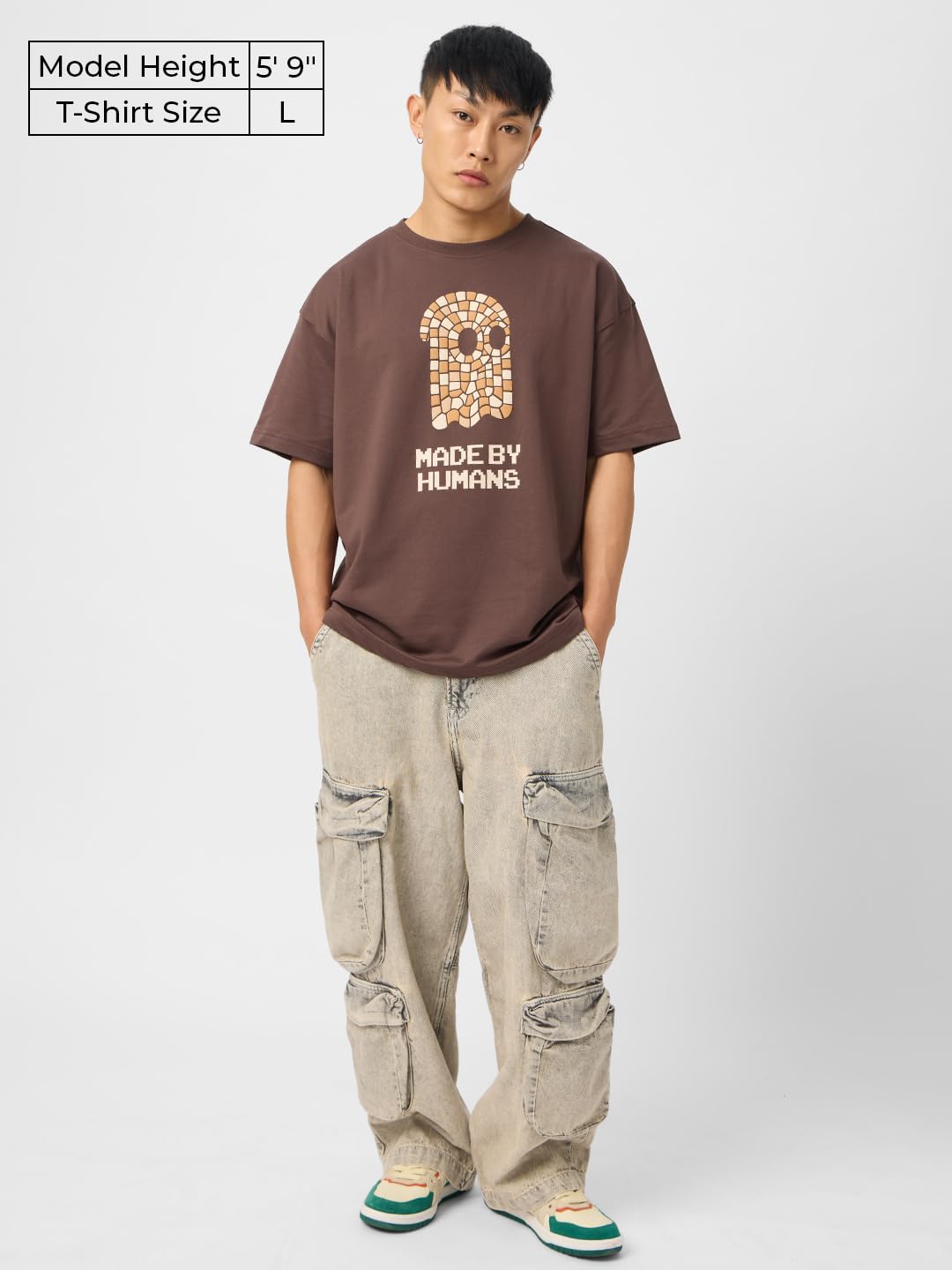The Souled Store Originals : Mosaic Mens and Boys Oversize Fit Half Sleeves Cotton T-Shirt Brown