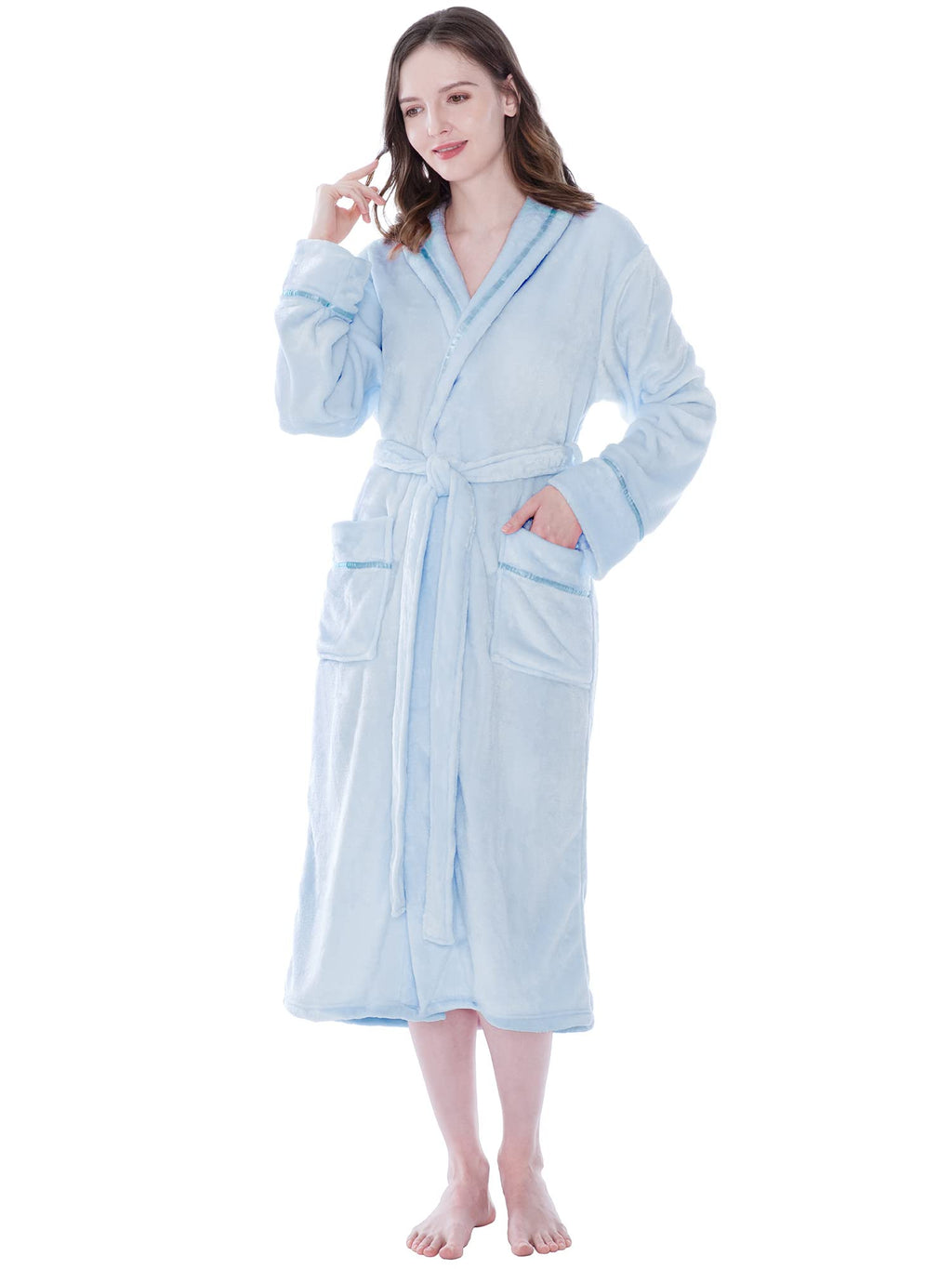 PAVILIA Plush Robe For Women | Light Blue, Fluffy Soft Bathrobe | Luxurious Fuzzy Warm Spa Robe, Cozy Fleece Long Robe | Satin T