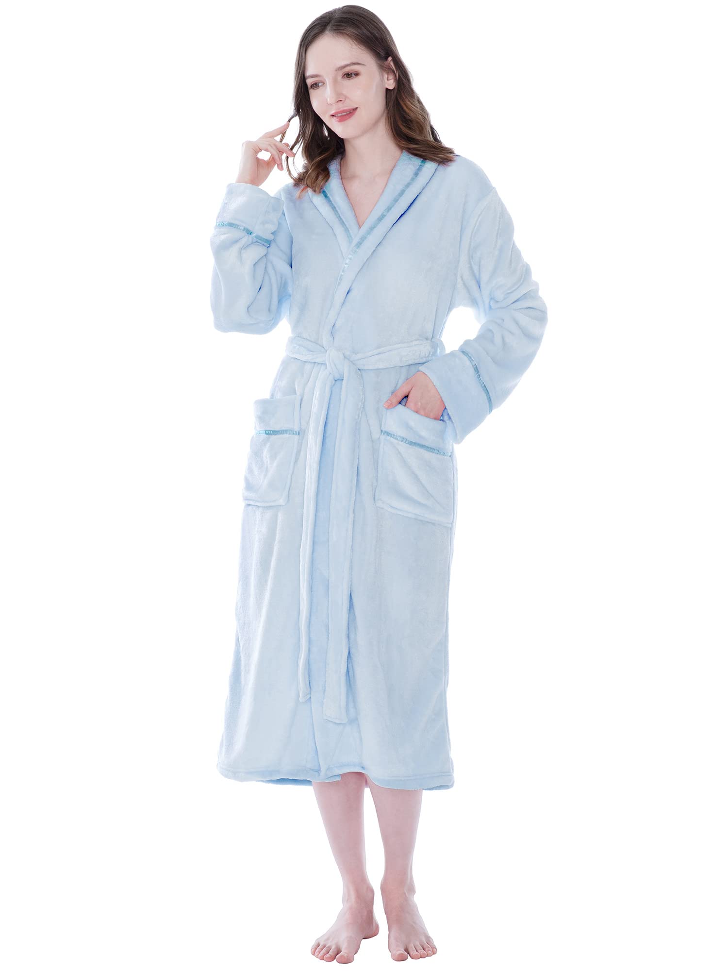 PAVILIA Plush Robe For Women | Light Blue, Fluffy Soft Bathrobe | Luxurious Fuzzy Warm Spa Robe, Cozy Fleece Long Robe | Satin T