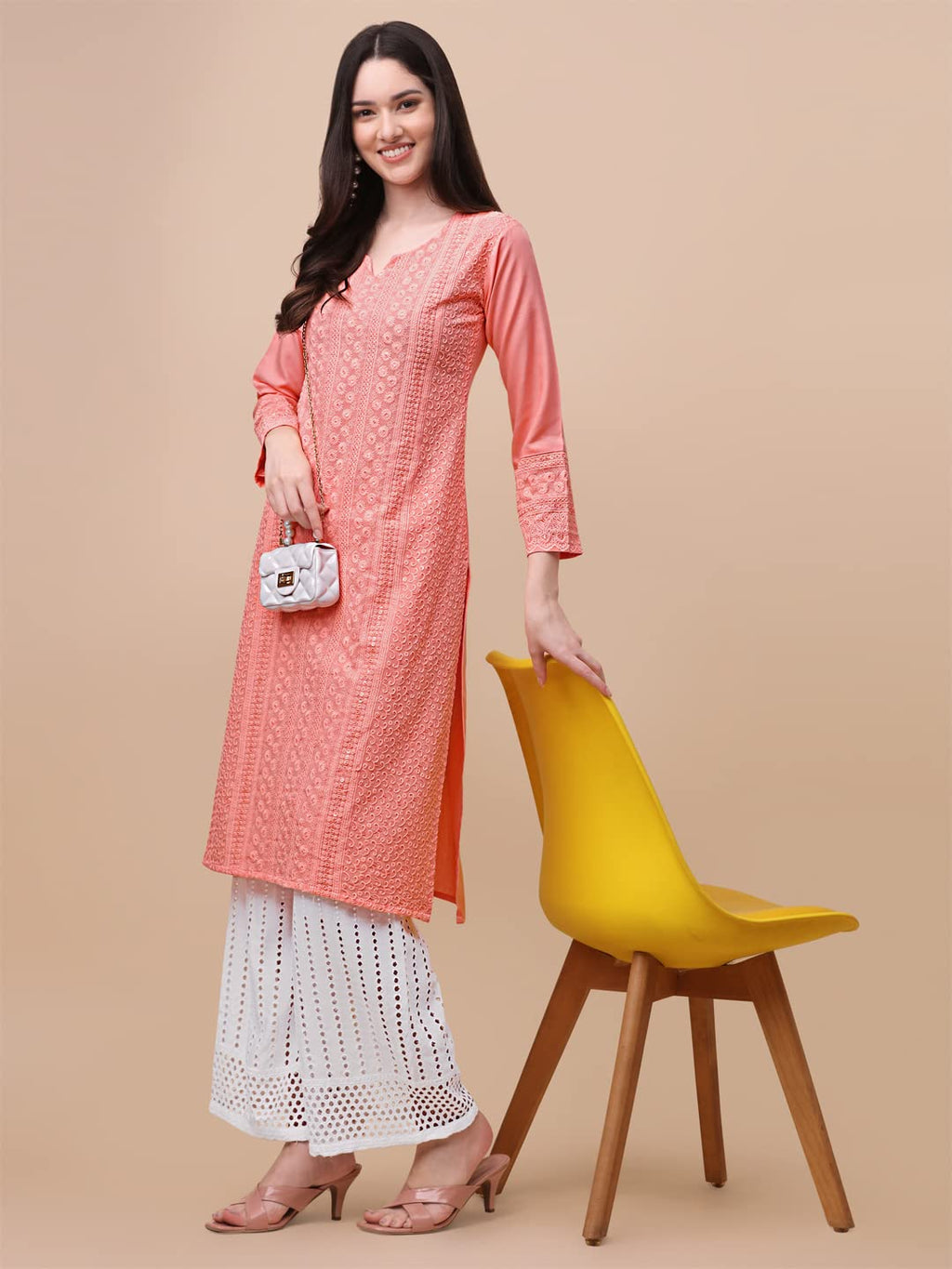 Gufrina WomenS Viscose Rayon Kurta & Palazzo Set With Notch Neck Chikankari Embroidery Work 3/4Th Sleeves Regular Fit And Calf