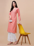 Gufrina WomenS Viscose Rayon Lucknowi Embroidery Work 3/4 Sleeve V- Nack Straight Kurta With Chikankari Embroidery Palazzo Set