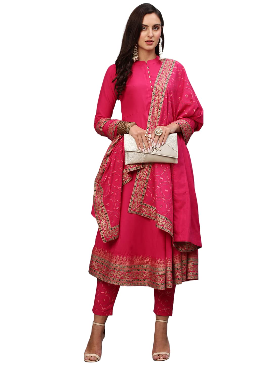 ANNI DESIGNER Womens Cotton Blend Solid Anarkali Kurta with Pant & Dupatta (Panchali-Rani_M_Pink_Medium)