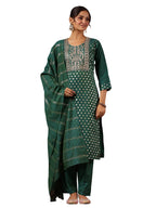 Ishin Women'S Viscose Rayon Foil Print Green Straight Kurta Suit Set With Trousers & Dupatta