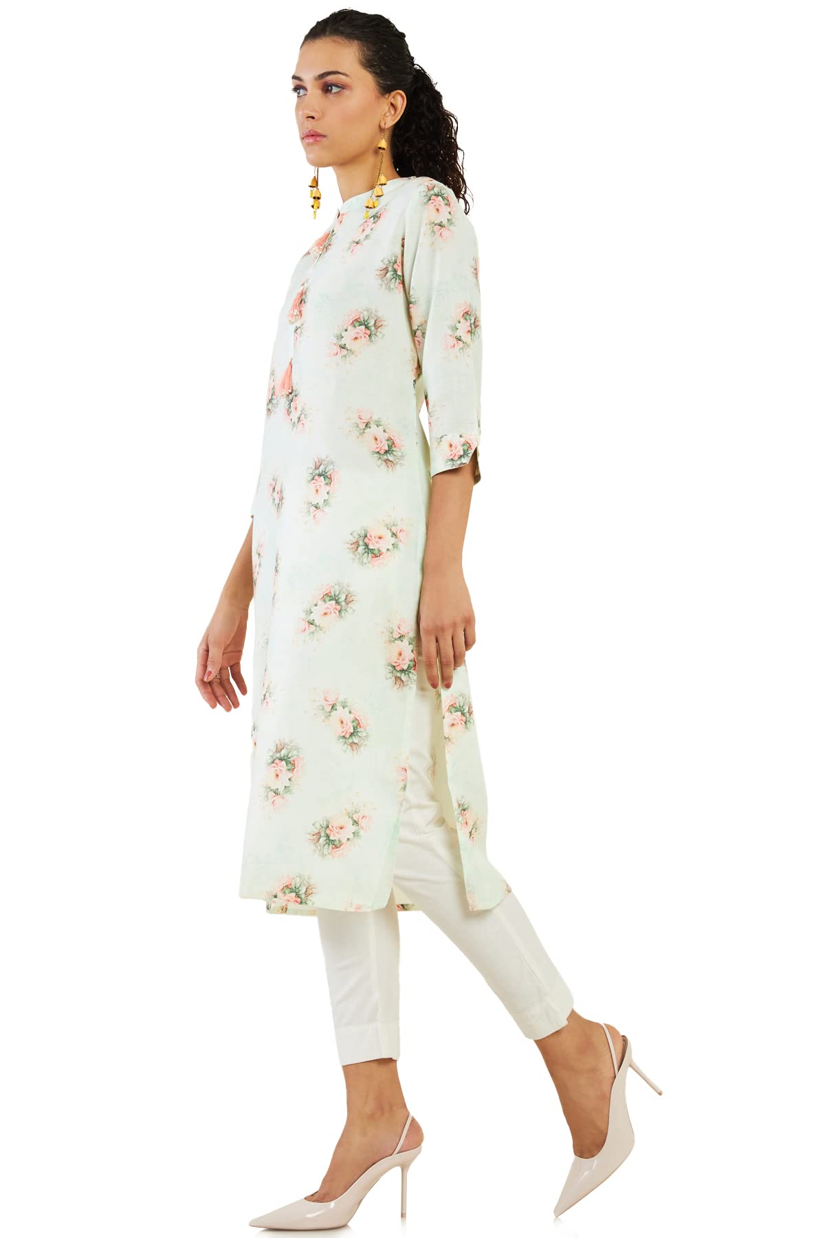 Soch Women Light Green Linen Printed Kurta