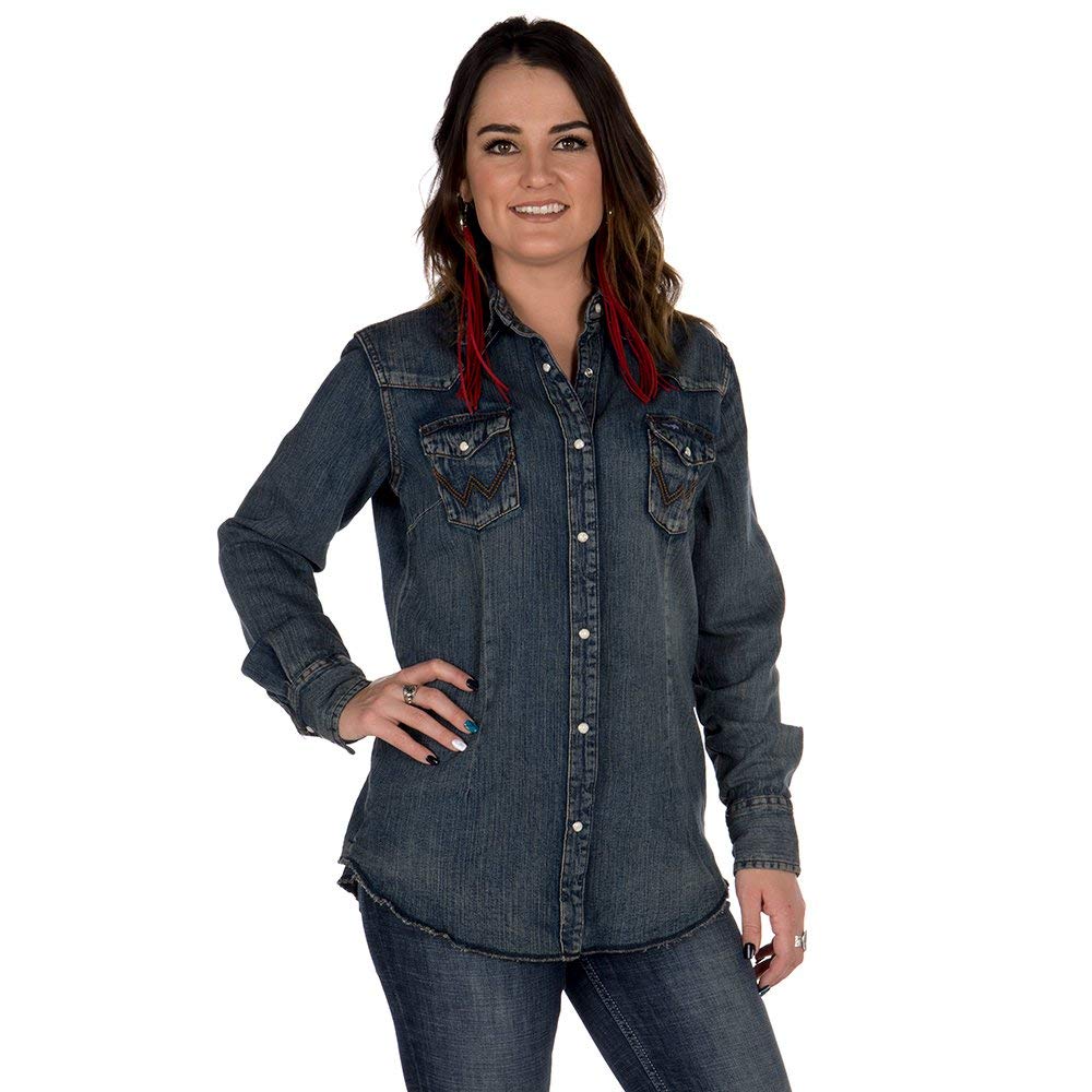 Wrangler womens Long Sleeve Western Snap Work Shirt Blouse, Denim, Large US