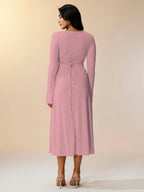 Shasmi Womens Pink Square Neck A-Line Dress  Long Sleeve, Tie Waist, Knitted Stretchable, Casual & Office Outfit, Solid Winter M