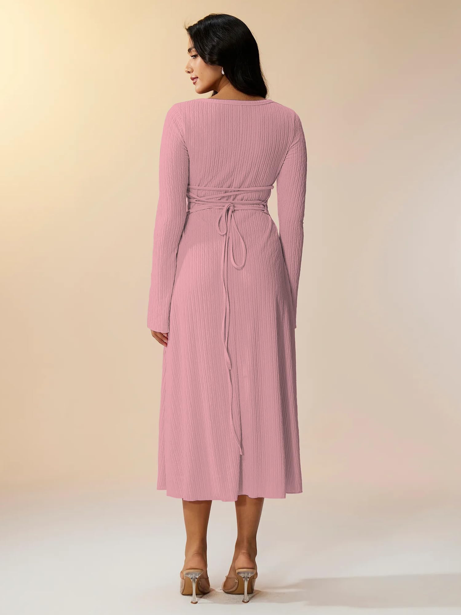 Shasmi Womens Pink Square Neck A-Line Dress  Long Sleeve, Tie Waist, Knitted Stretchable, Casual & Office Outfit, Solid Winter M