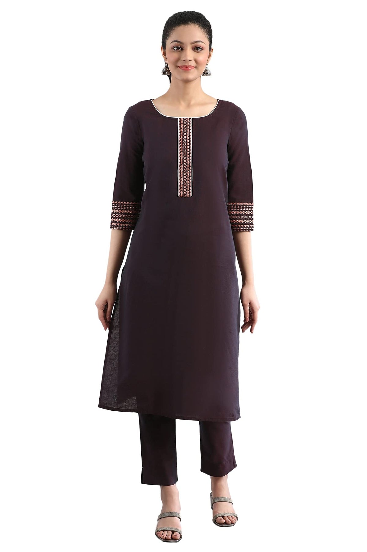 Aurelia WomenS Cotton Purple Solid Round Neck Straight Kurta_21Fea12216-702159_S