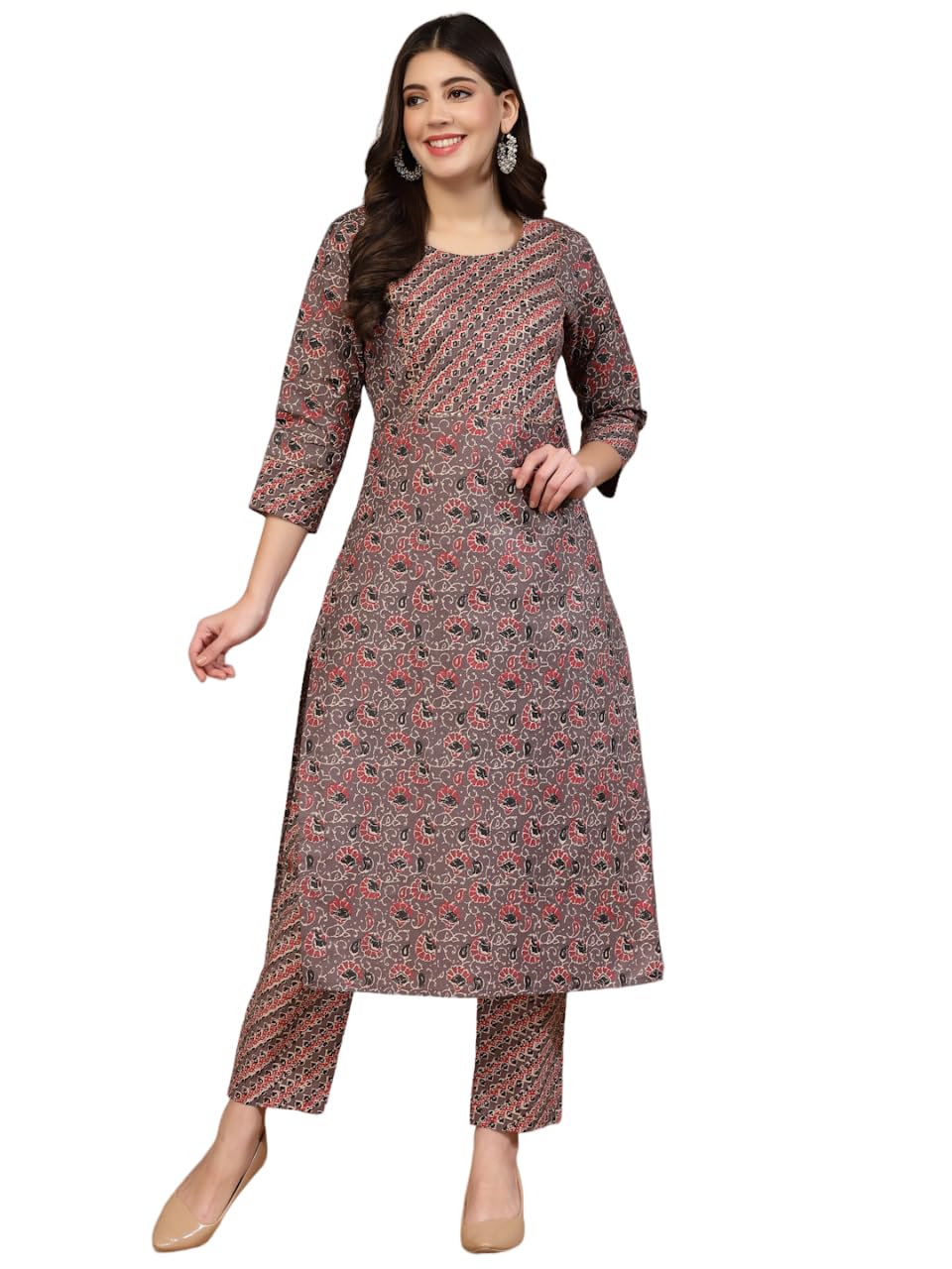 Lookmark Women'S Trendy Printed Cotton Blend Straight Kurta Pant Set||Az-Lm-P1-Ks2096-S Dark Brown