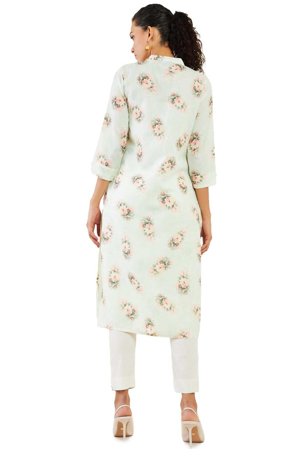 Soch Women Light Green Linen Printed Kurta