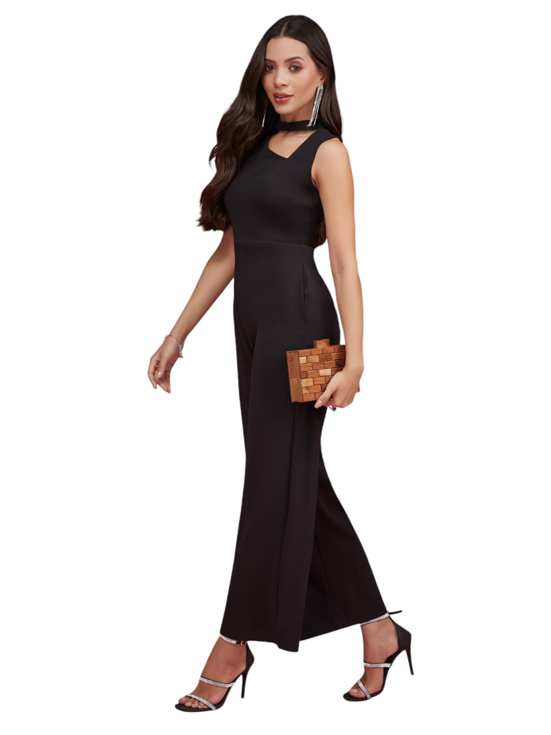 Miss Chase Womens V-Neck Sleeveless Wide Leg Regular Length Jumpsuit (MCAW24D97-88-62-06, Black, XL)