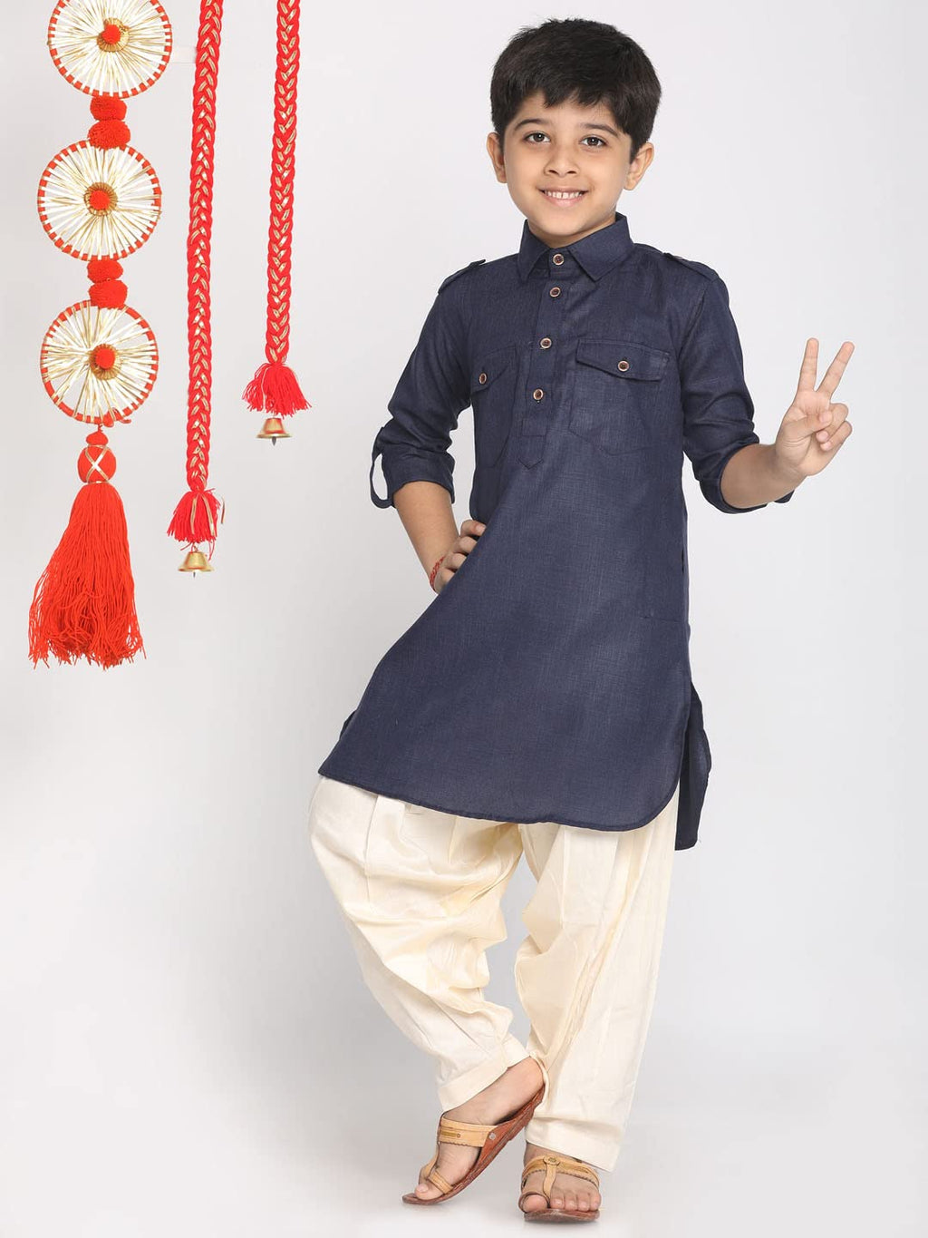 Jbn Creation Boys Navy Blue Cotton Blend Pathani Suit Set