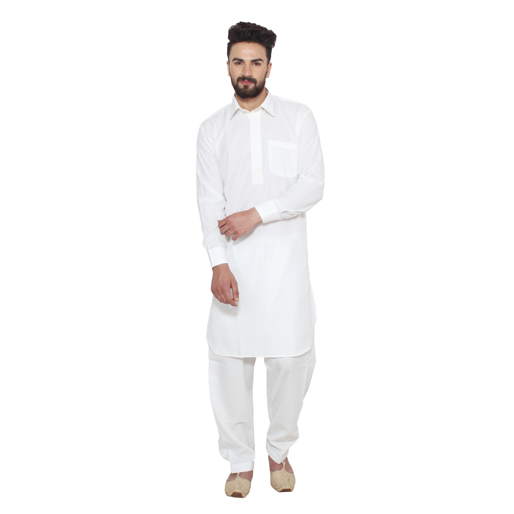 Sojanya (Since 1958, MenS Cream Cotton Blend Pathani Kurta & Salwar Set, Size: L