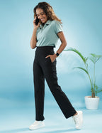 BlissClub Women AM PM Cotton Straight Pants | Wide Waistband | High Rise | Drawstring