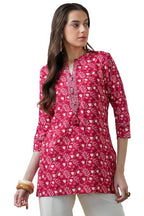Soch Womens Fuchsia Rayon Botanical Print Tunic with Mirror Work