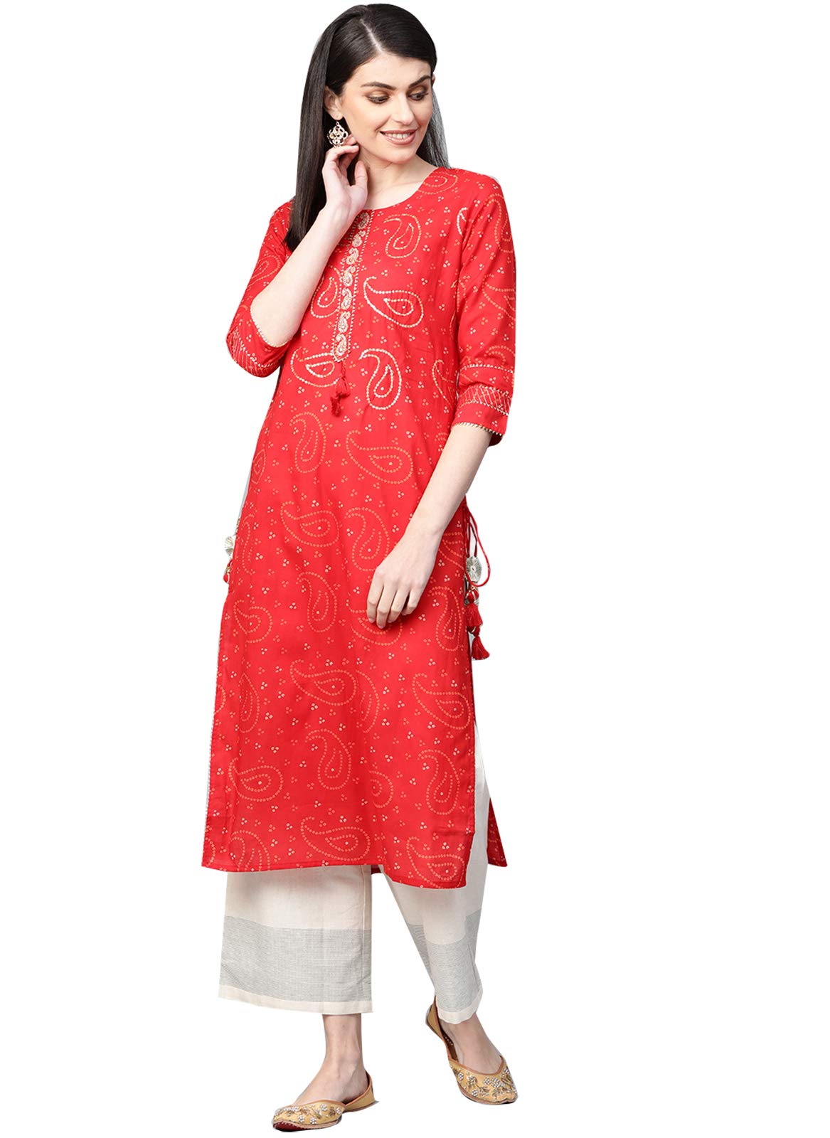 Ishin Women'S Pure Cotton Red Zari Embellished A-Line Kurta