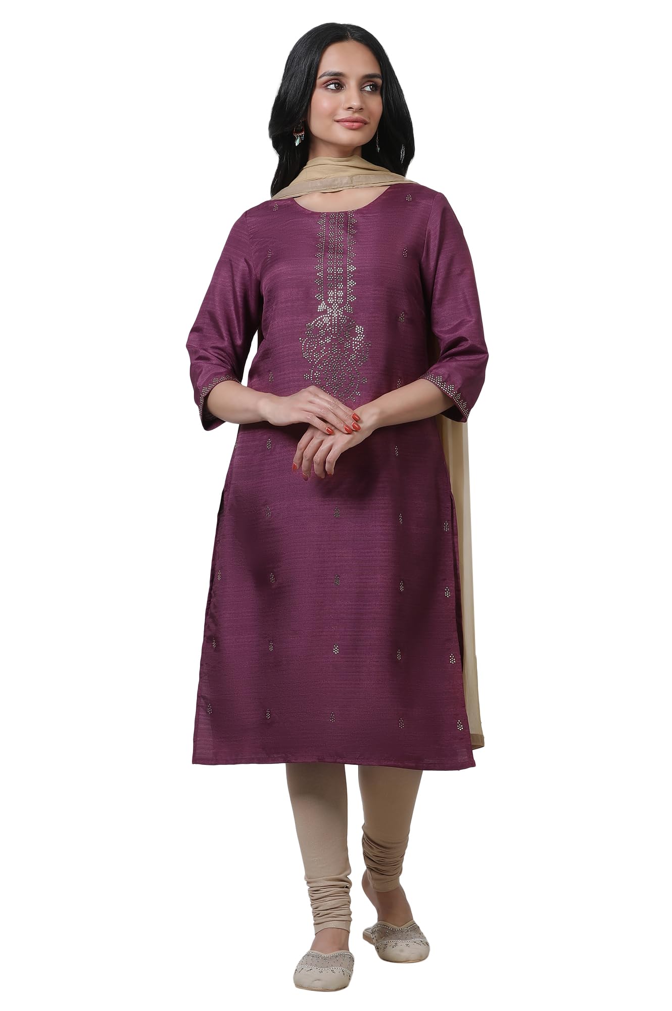 W For Woman W Women'S Purple Geometric Printed Kurta Dupatta Bottomwear With Gold Mukaish