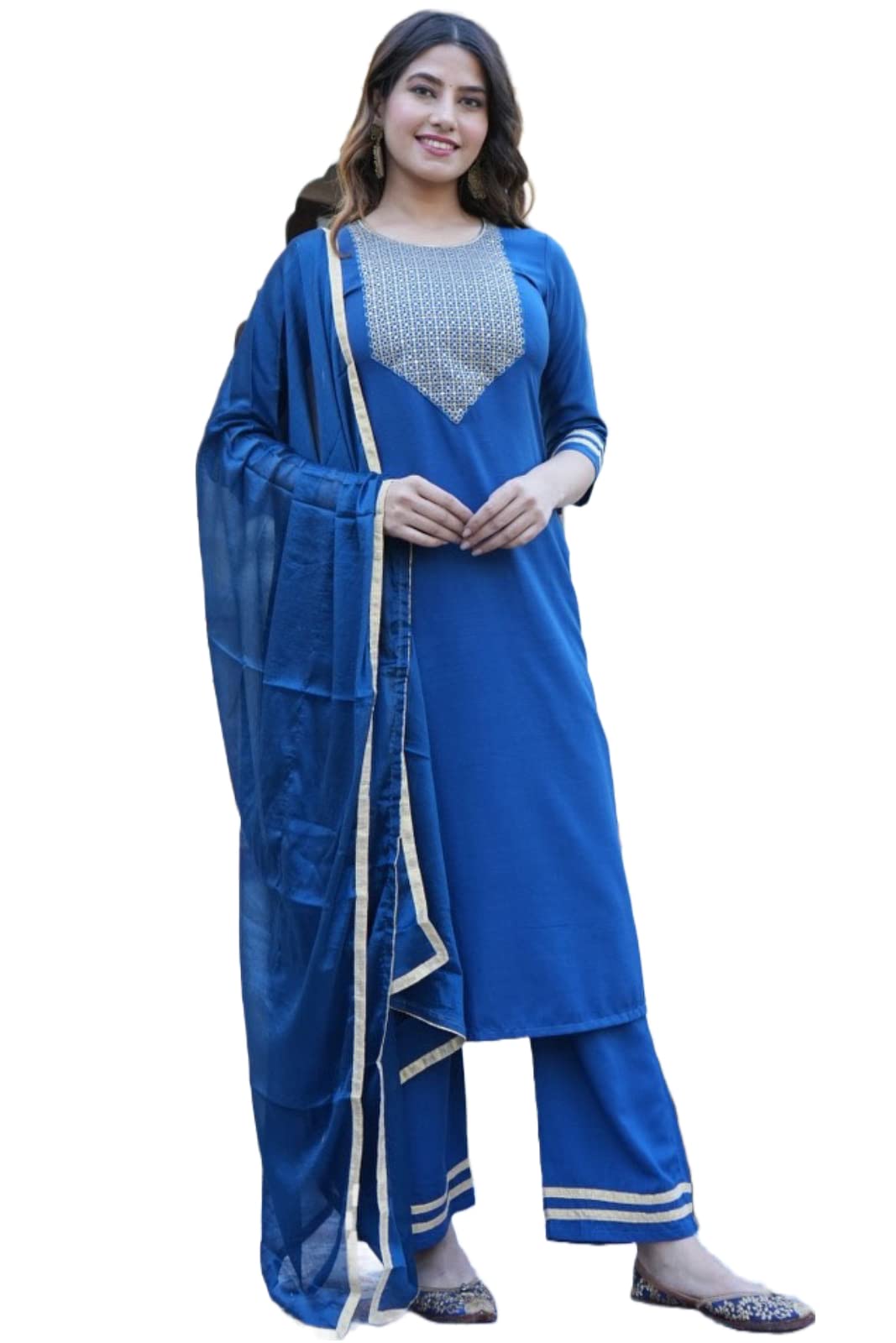 ANNI DESIGNER Women's Ruby Cotton Straight Solid Kurta with Palazzo & Dupatta (Label CEROSIN-Jan40_5XL_Blue_XXXXX-Large)