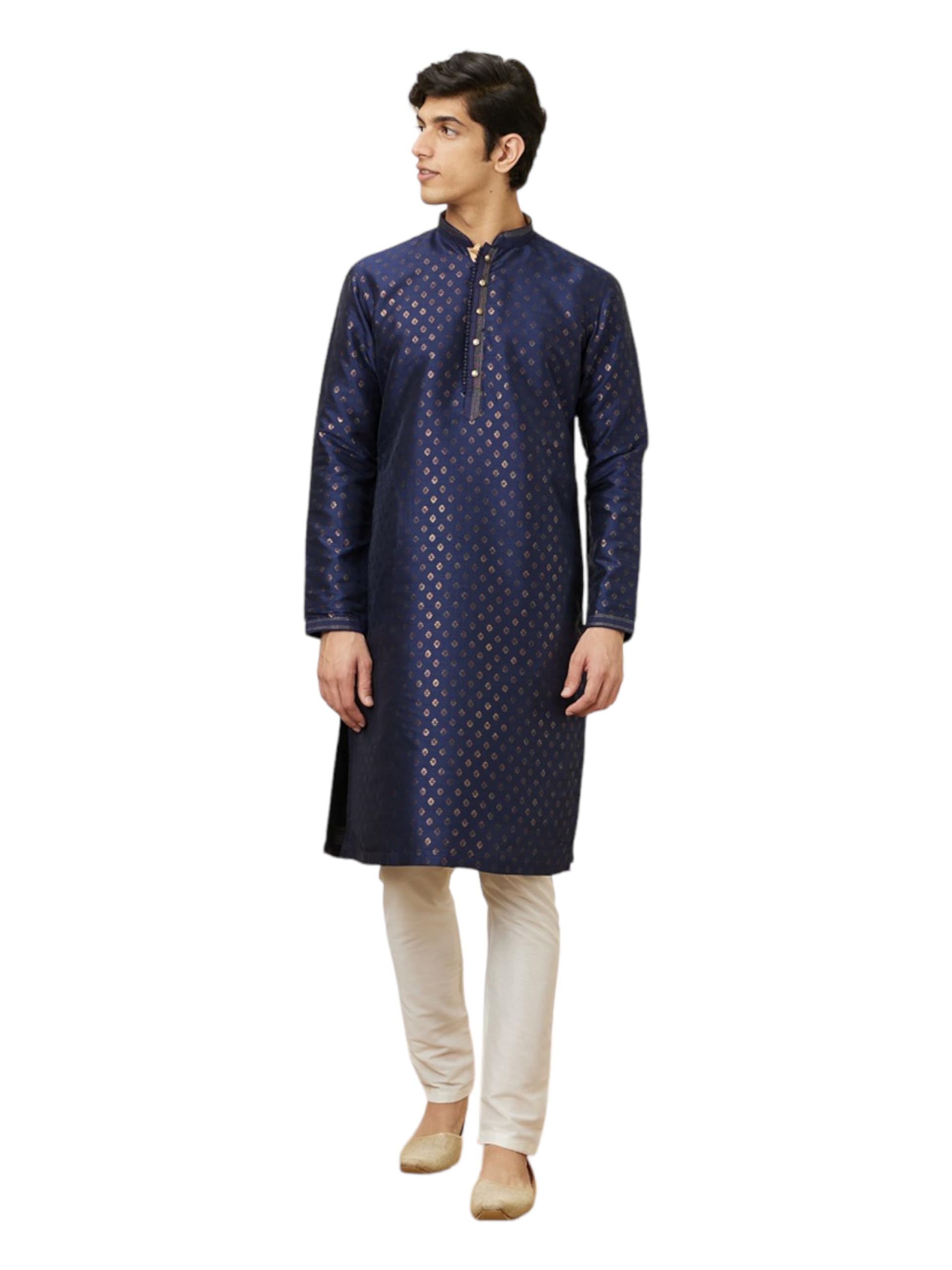 Manyavar Mens Navy Blue Shankh Patterned Kurta Set (2pcs) (Dark Blue,S)
