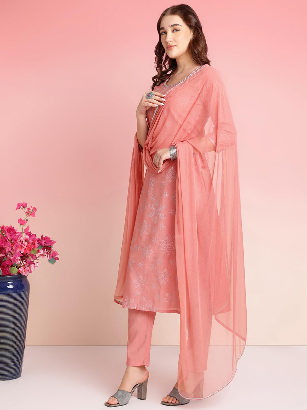 ANNI DESIGNER Womens Rayon Blend Printed Straight Kurta with Pant & Dupatta (VAYU Peach_XL_Peach_X-Large)