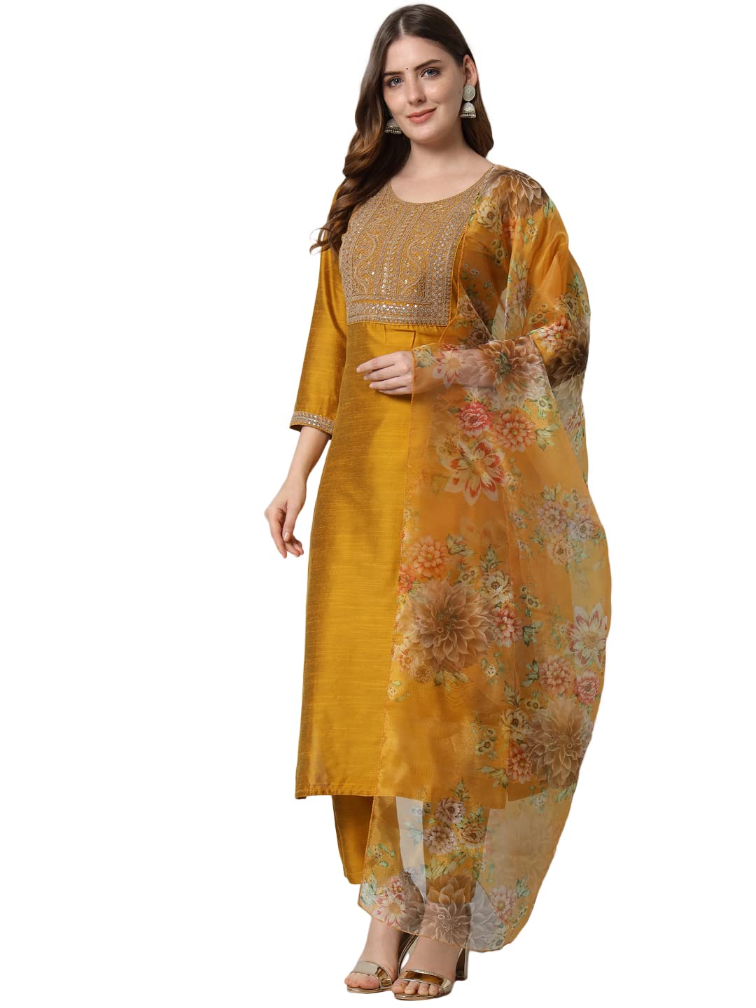 VredeVogel Womens Embroidered Cotton Silk Blend Kurta Pant And Dupatta Set Medium Mustard-New Condition