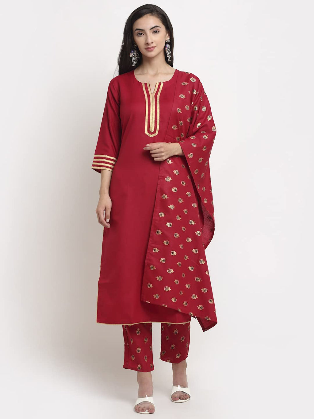 Anni Designer Women'S Cotton Straight Kurta With Pant & Dupatta (Gouri Red)