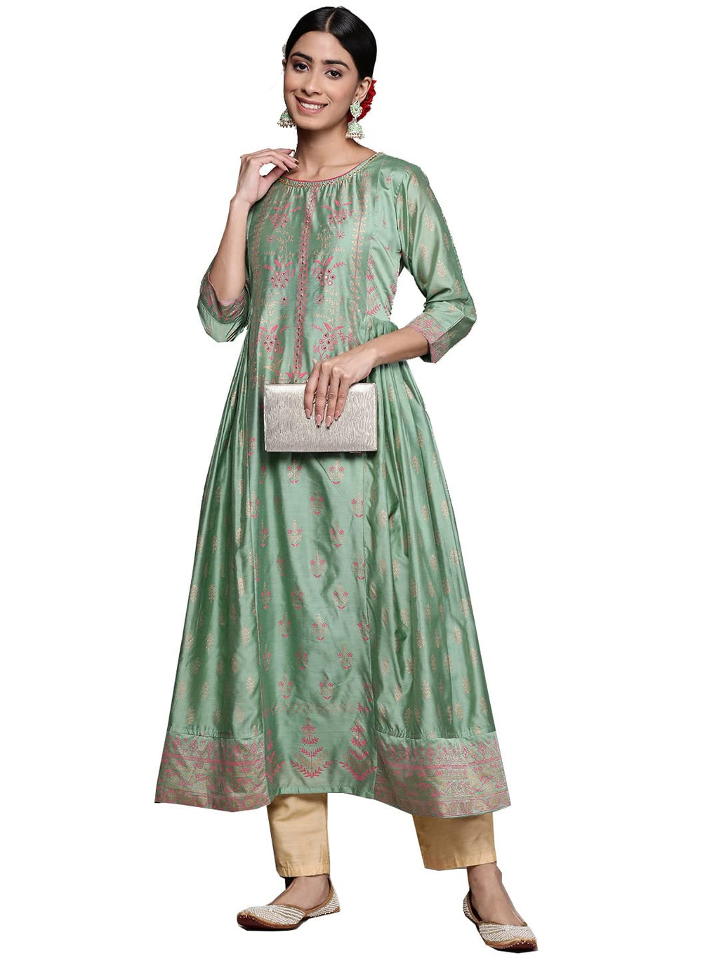 Ishin Women'S Silk Blend Mint Green Embellished Anarkali Kurta