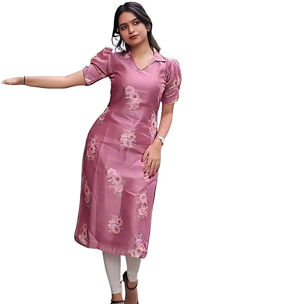 24 Carat Suit WomenS Chanderi Silk Straight Kurti With Short Puff Sleeves Floral Print Collar Neck Regular Fit And Calf Length 