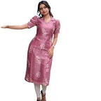 24 Carat Suit WomenS Chanderi Silk Straight Kurti With Short Puff Sleeves Floral Print Collar Neck Regular Fit And Calf Length 
